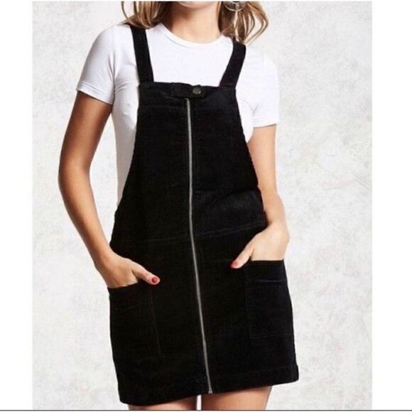 Forever 21 Black Corduroy Zip Up Overall Jumper Dress, Size Small - Picture 4 of 16